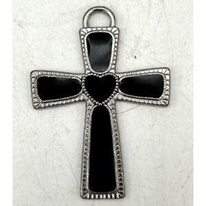 Cross Heart Pendant Black Inlay & Silver Tone Charm 2 1/4" X 1 5/8"